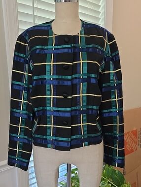 Talbots Black Jacket with Blue, Teal & Gold Plaid Stripes